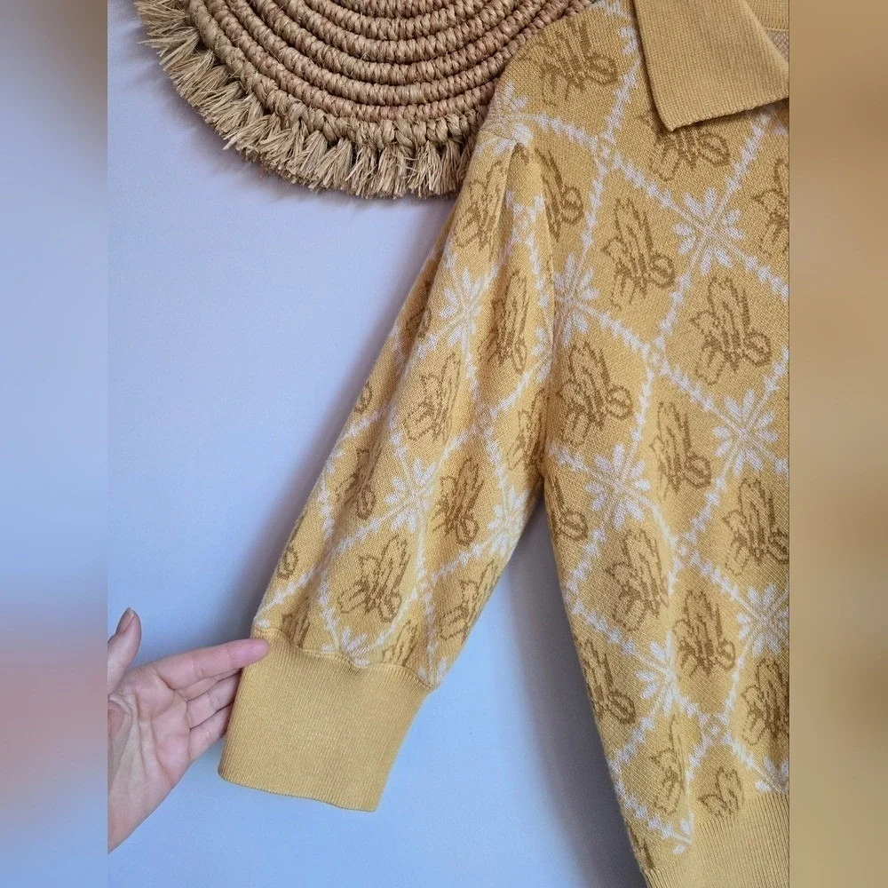 Simply Retro New Yellow Argyle Floral Wool Blend Collared Sweater Polo SZ Large